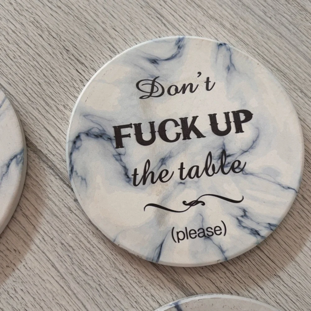 Set Of 4 Naughty Coasters White Marble Print 4” Graphic Moisture Absorbing